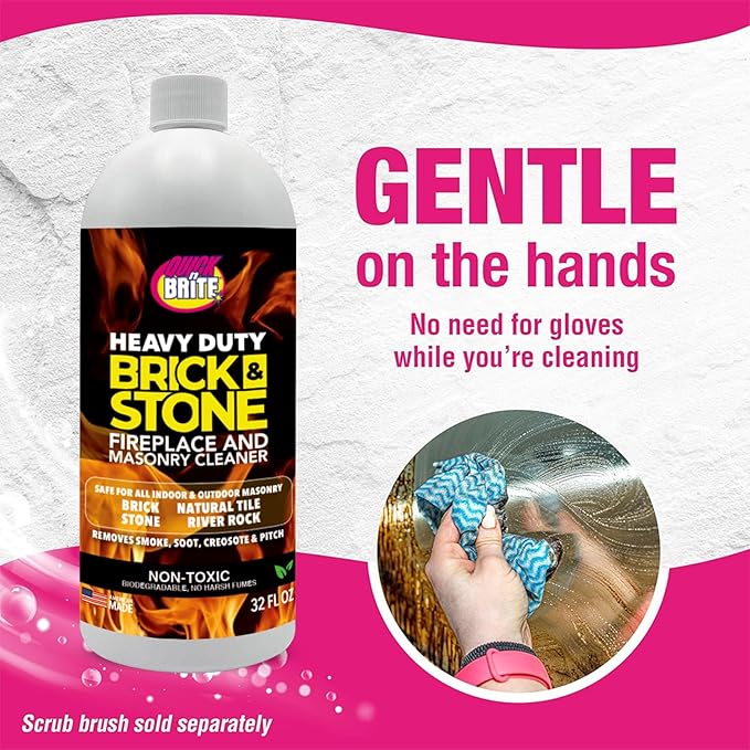 Quick'n Brite Fireplace Brick and Stone Cleaner 32oz with Scrub Brush - Natural Stone, Tile, and Marble Cleaner - Indoor Fireplace and Wood Stove Cleaning Kit - Pellet Stove Creosote Remover