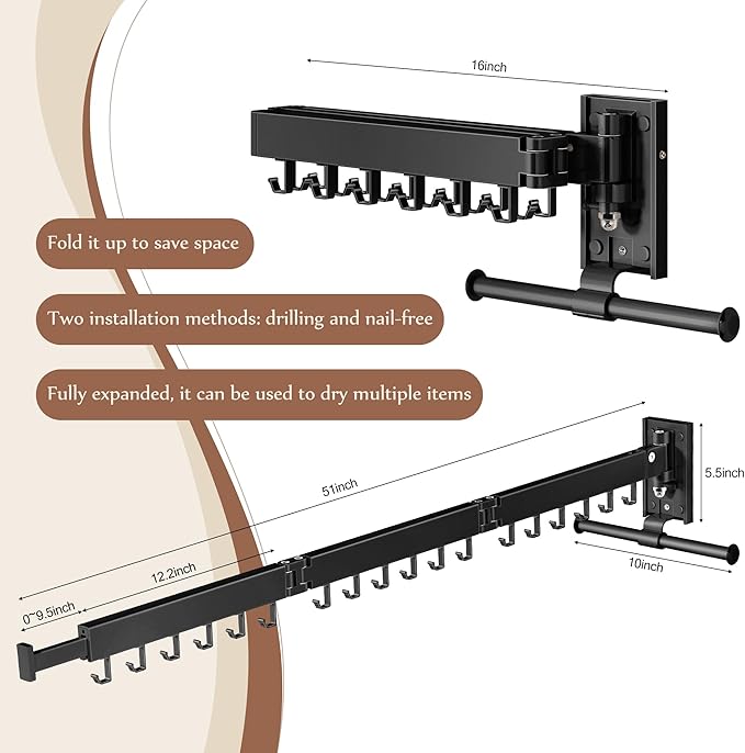 Wall Mounted Collapsible Clothes Drying Rack, Space-Saving Laundry Drying Rack Clothing Hanger, Durable Foldable Design Extends Left, Right & Up for Upgraded Versatility