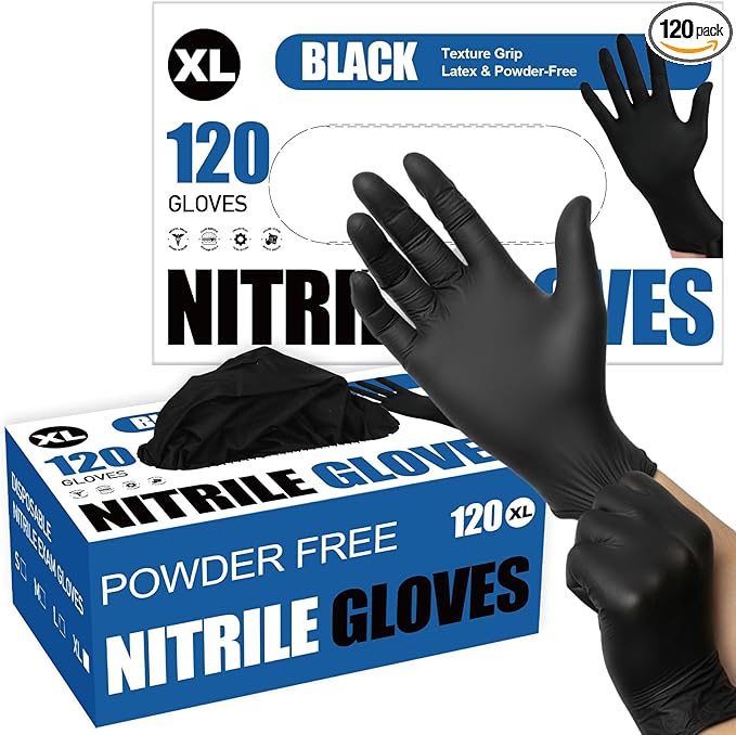 Fixwal Gloves for Cooking Food Prep, Black Disposable Nitrile Gloves, 4 Mil, 120 Count, Cleaning Service Gloves, Latex Free, Powder Free