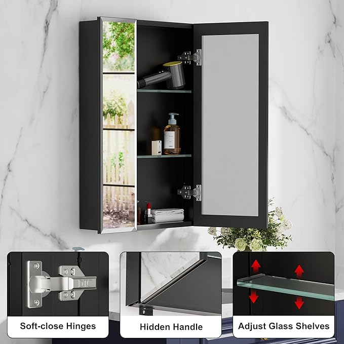 26x30 Inch Medicine Cabinet with Mirror, Aluminum Bathroom Mirror Cabinet, Beveled Edge Mirrored Double Door, Adjustable Shelves, Surface or Recessed Mount Mirrors with Storage,Black
