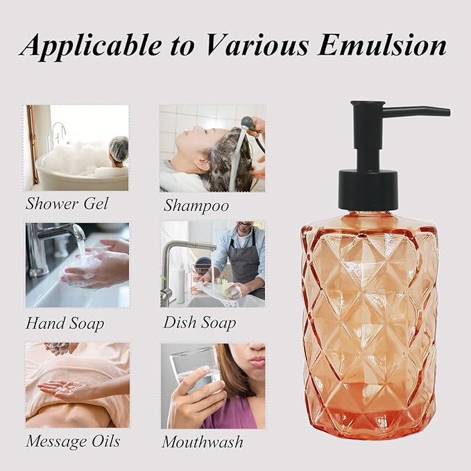 12Oz Small Glass Soap Dispenser with Black Plastic Pump, Amber Refillable Kitchen Countertop Liquid Hand Soap Dispensers with Diamond Design, Crystal Bathroom Lotion Bottle for Dispense Dish Soap