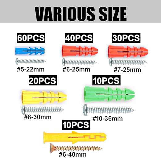 340-Piece Drywall Anchors and Screws Combo Pack - 170 Plastic Wall Anchors and 170 Screws - Assorted Sizes - Organizer Box Included - Wall Anchors and Screw for Drywall