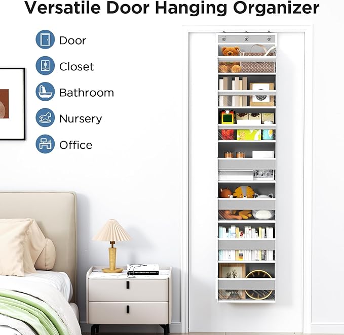 Over The Door Organizer, 7 Tier Door Hanging Organizers with 7 Large Pockets 12 Side Pockets, Behind Door Storage Hanging Shelves for Closet Bathroom Bedroom Nursery