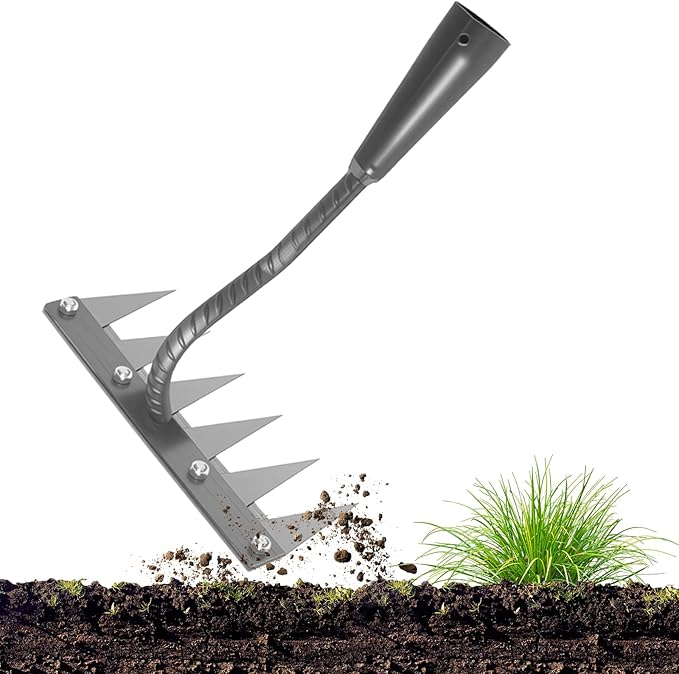 Iron Weeding Rake 2.0, New 5/6/7/8 Teeth Carbon Steel Garden Weeder Rakes, Weeder Puller Tool for Yard Lawn and Garden, Heavy Duty Metal Rake for Lawn, Flower Beds & Soil Aeration (6 Teeth)