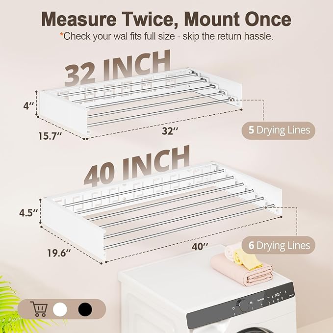 Wall Mounted Clothes Drying Rack Folding Indoor, Foldable Laundry Drying Rack Collapsible,Invisible, Space Saving, Retractable Towel Drying Rack, with Wall Template(6 Drying Rods, White 40")