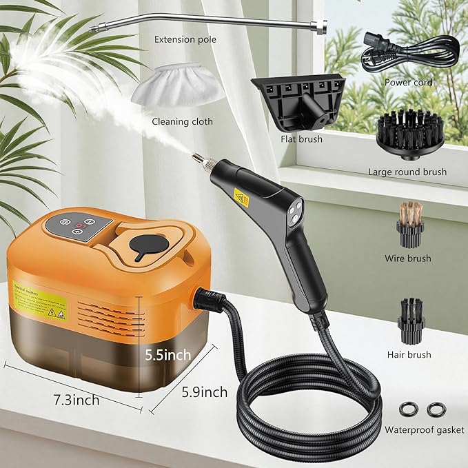 Handheld Steam Cleaner, Portable Steamer for Cleaning with 9pcs Accessories, 6-Level Adjustable Handle, 12s Heat-Up, 1200ml Tank, Steam Cleaner for Home,Dirt,Grout,Tile,Floor,Couch and Car (Orange)