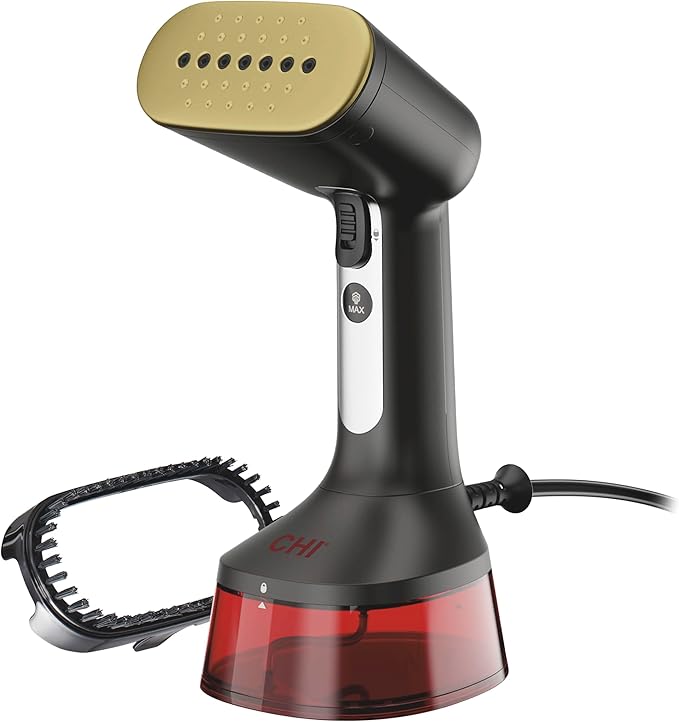 CHI Handheld Garment Steamer for Clothes, 2 Continuous Steam Modes, Full-Size 300 ml Capacity Water Tank, Ergonomic Handle, Vacation Essentials, 1600 Watts, 10’ Cord, Red (11590)