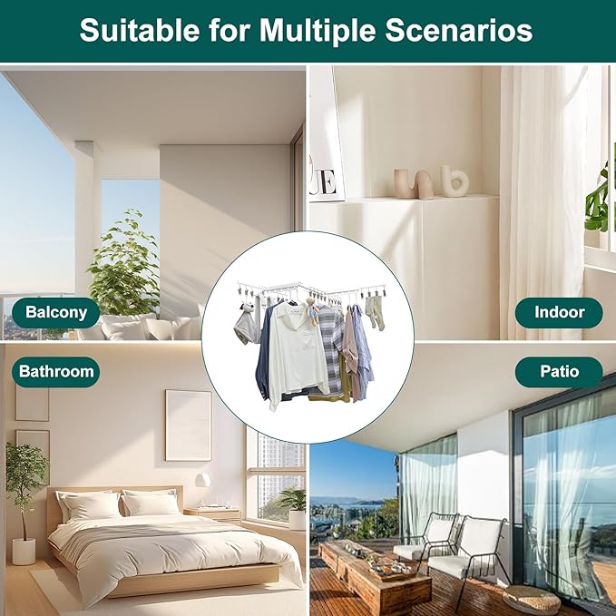 Hoimpro White 51" Clothes Drying Rack Retractable Foldable Wall Mounted, Tri-Fold Space Saving Collapsible for Hanging Clothing Coat, Ideal for Patio, Laundry Room Organization and Storage, Bathroom