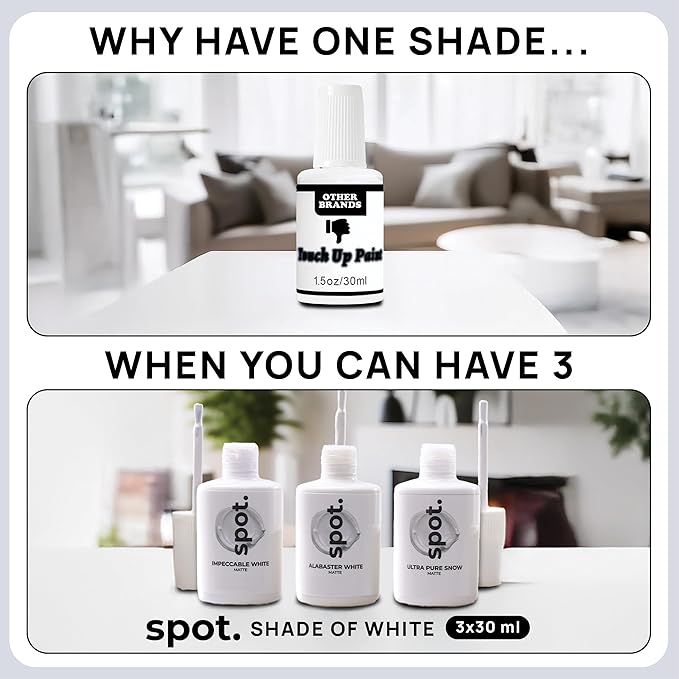 spot. Touch-Up Paint | Matte Finish for Cabinets, Walls, Doors & Furniture | Multi-Tone White Repair Kit | Quick-Dry, Self-Priming, Low-Odor, Eco-Friendly | No-Sanding or Primer Needed | 3 Pack