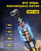 3/8" Cordless Ratchet Wrench,74Ft-lbs Electric Ratchet Wrench, Chargeable Power Ratchet Driver with 2 X 21V Lithium-Ion Battery,7 Sockets, 3" Extension Bar, 1/4" Adapter