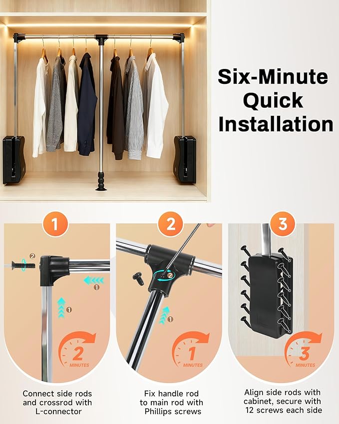 Pull Down Closet Rod 32-45 Inch, 44 lbs Capacity for Hanging Clothes, Polished Metal Wardrobe Lift Rail Organizer with Two-way Buffering, Side-Mounted for Cabinets/Wardrobes