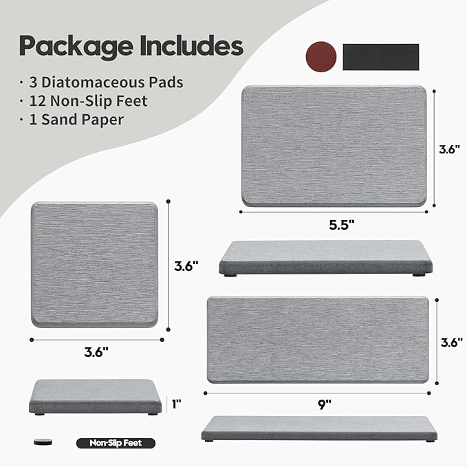 3PCS Bathroom Sink Vanity Trays, Quick Stone Drying Mat Dish Soap Dispenser Sponge Holder for Kitchen Counter, Diatomaceous Earth Water Absorbing Caddy Organizer, Light Grey