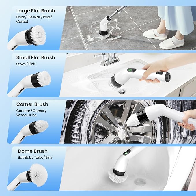 Electric Spin Scrubber, Full-Body IPX7 Waterproof Cordless Shower Scrubber with 8 Replaceable Heads, Upgraded Extension Handle, 2H Work Time, 2 Speeds for Bathroom Shower Tile Glass