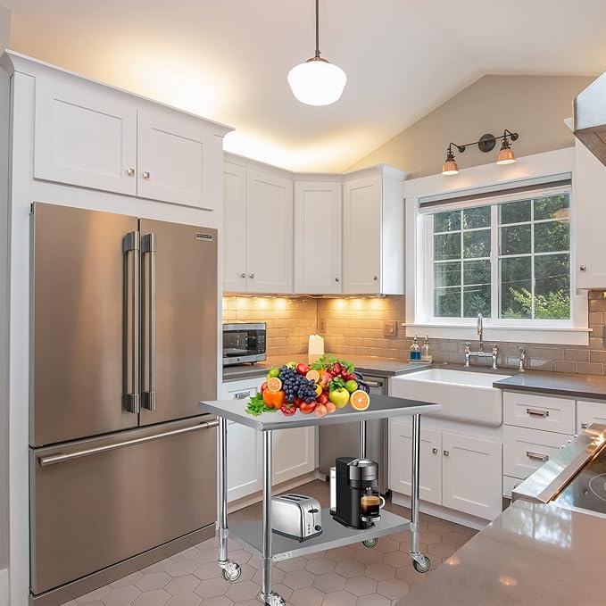 STABLEINK Stainless Steel Table with Caster Wheels 24 x 30 Inches, NSF Commercial Prep & Work Table with Adjustable Undershelf and Table Foot, for Commercial Kitchen, Restaurant, Hotel and Garage