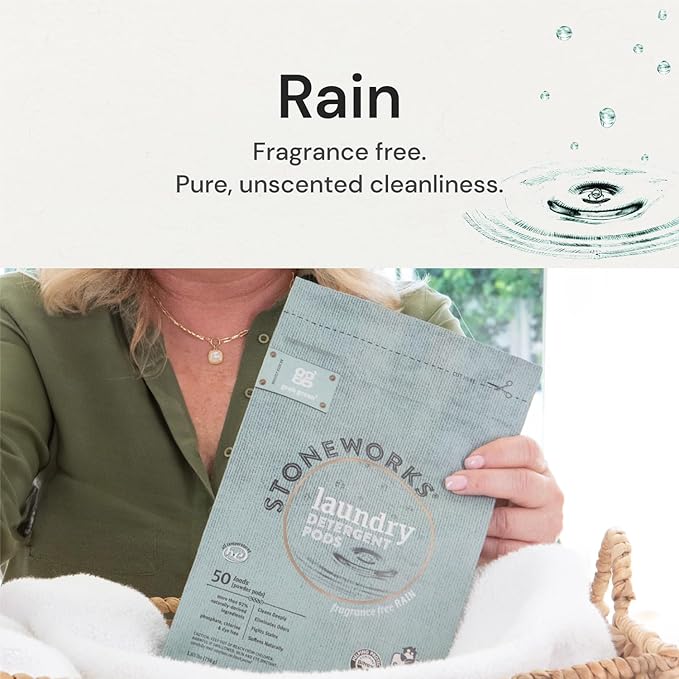 Grab Green Stoneworks Laundry Detergent Pods, Powered by Naturally-Derived Plant & Mineral-Based Powder Pods, Fragrance Free Rain, 50 Count (Pack of 1) Loads-EPA Safer Choice Certified