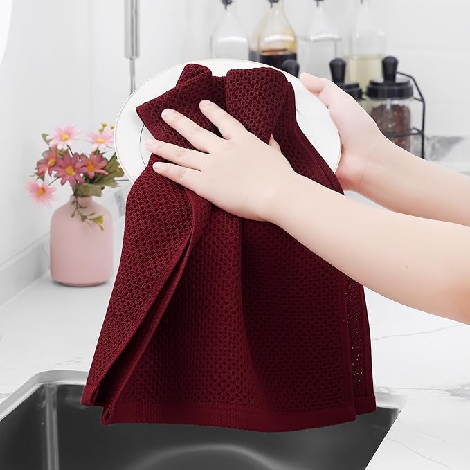 Homaxy 100% Cotton Waffle Weave Kitchen Dish Towels, Ultra Soft Absorbent Quick Drying Cleaning Towel, 13 x 28 Inches, 4-Pack, Burgundy