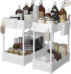2 Pack Under Sink Organizer, Under Bathroom Cabinet Organizer with Hooks Hanging Cup, Multi-Purpose Storage Shelf for Kitchen Bathroom (White, XL)
