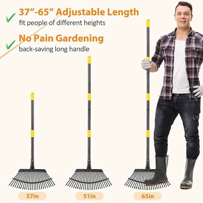Garden Rake for Leaves, Heavy Duty 25 Tines Metal Leaf Rake，65" Adjustable Long Handle 18" Wide Yard Rake for Lawns Flower Bed Grass Mulch Shrub Camping Gardening
