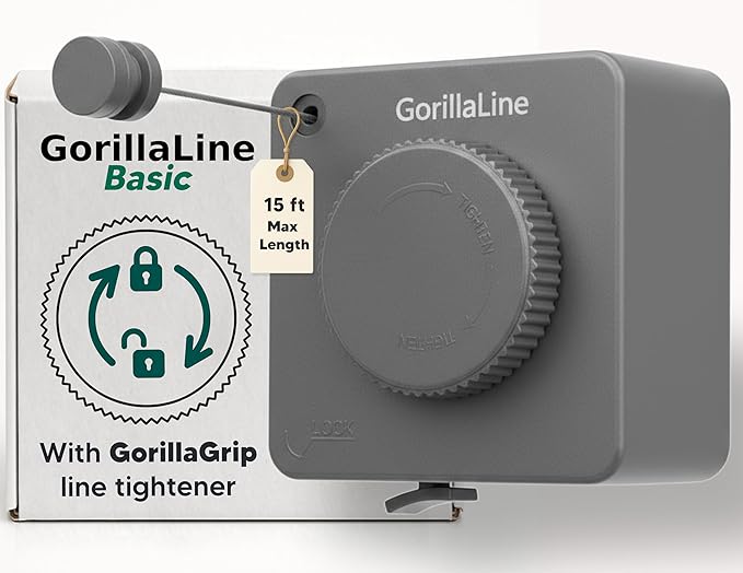GorillaLine Basic - Retractable Clothesline Indoor Outdoor Clothes Line - Heavy Duty Clothes Drying Laundry Line - Wall Mounted Drying Rack - Air Dry Clothing - 15ft line Max Tighten with GorillaGrip