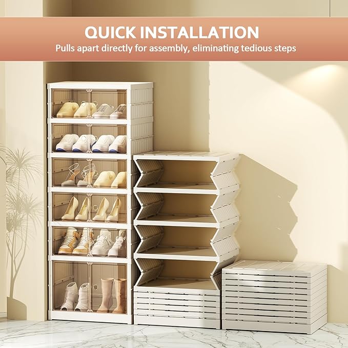 Foldable Shoe Rack Organize 6 Tier Plastic Shoe Shelf, 12 Pairs Collapsible Shoes Storage Bins, Large Folding Shoe Boxes for Closet with Doors, Stackable Storage Shoe Cabinet