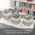 Mangata Canvas Storage Boxes, 13 Inch Cube Storage Bins Set of 6, Fabric Baskets with Cotton Rope Handle for Organizing Clothes Nursery Home (Khaki/White)