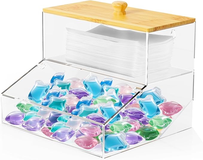 JYPS Laundry Pods Container&Dryer Sheet Holder 2in1.Transparent Acrylic Double-Layer Storage Box With Bamboo Lid. The Large Capacity Design Makes It Easy To Store And Organize Your Belongings Neatly