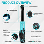 DURATECH Extended Cordless Ratchet Wrench, 3/8" 12V 44 Ft-Lbs Long Neck Electric Ratchet Wrench with 2-Pack 2.0Ah Li-Ion Battery, 1 Hour Fast Charger, 10 Sockets Accessories & Variable Speed Trigger