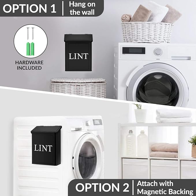 Calindiana Modern Farmhouse Metal Magnetic Lint Bin for Laundry Room Decor and Accessories with Lid and Laundry Room Organization and Storage Wall Mount Space Saving Washer and Dryer Trash Can (BLACK)