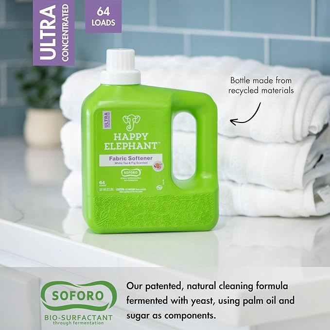 Happy Elephant Liquid Laundry Bundle, White Tea & Fig Scent, Natural Laundry Detergent & Fabric Softener, Plant Based, Stain Remover & Fabric Conditioner, Gentle on Skin, 64 Fl Oz Each, 2 Pack
