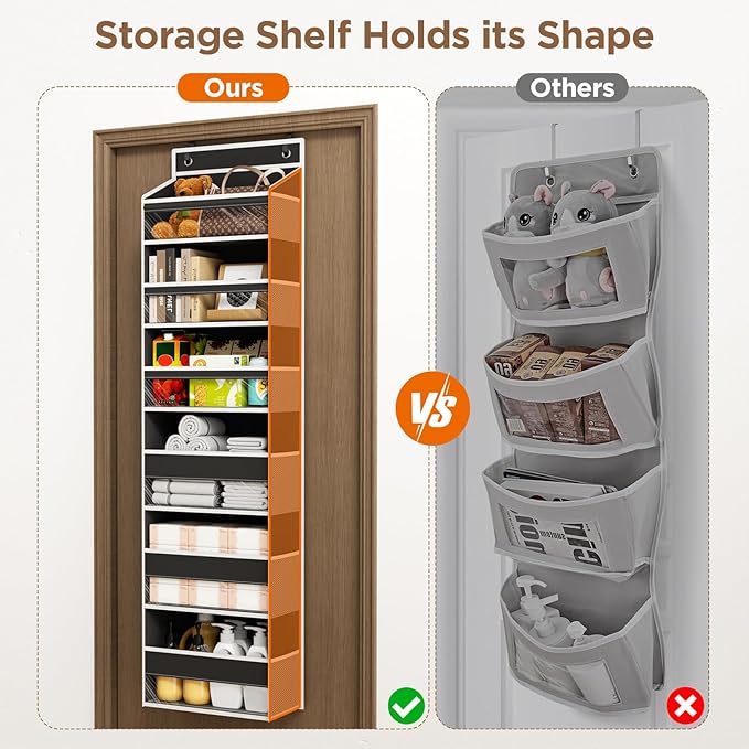 Over The Door Organizer, 6 Shelf Door Hanging Organizers with 6 Large Capacity Pockets, Behind Door Storage Hanging Shelves for Closet Wall Bathroom Bedroom Nursery