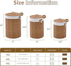 Round Wicker Laundry Hamper with Lid Handwoven Rattan Basket with Handles for Dirty Clothes, 2 Washable Liner Bags, No Assembly Required, Washable Basket, 60L