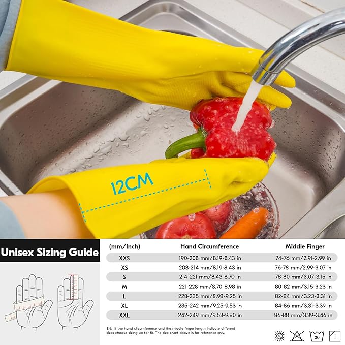 Vgo... 3-Pairs Reusable Household Gloves, Rubber Dishwashing gloves, Extra Thickness, Long Sleeves, Kitchen Cleaning, Working, Painting, Gardening, Pet Care (Size XL, Yellow, HH4601)
