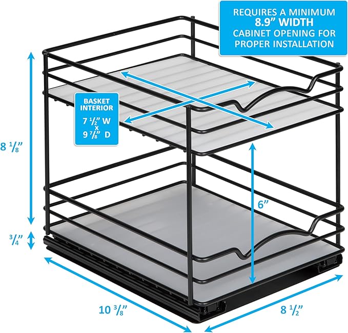Pull Out Cabinet Organizer for Spices, Cans - Heavy Duty with Lifetime Limited Warranty- Pull Out Spice Rack- Cabinet Pull Out Shelf for Cans,Dishes, Etc, 8-1/2"Wx10-3/8"Dx8-7/8"H, Black