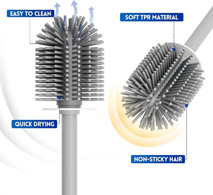 2 Pack Toilet Brush and Holder Set, Silicone Toilet Bowl Scrubber for Bathroom, Hidden and Space Saving Toilet Accessories with Caddy, Wall Mountable. (Grey)