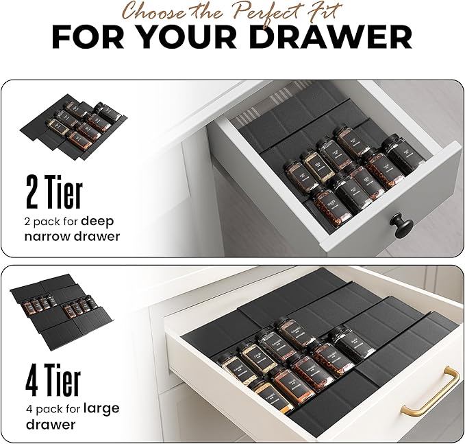 ALCOVA Spice Drawer Organizer, 4 Tier Expandable Spice Rack for Drawer from 9" to 18", Spice Organizer for Drawers and Countertop 8 Pcs Pack (Jars not included)