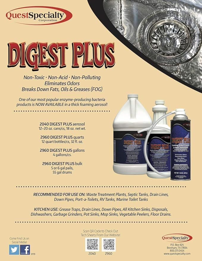 Quest Specialty DIGEST PLUS Foaming Drain Cleaner and Odor Eliminator, 2 count