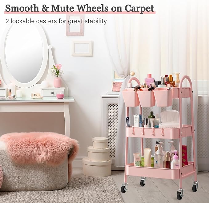 Danpinera 3-Tier Rolling Cart, Metal Storage Cart with Lockable Wheels, Hanging Cups & Hooks, Mobile Trolley for Kitchen, Bathroom, Office, Workshop, Pink