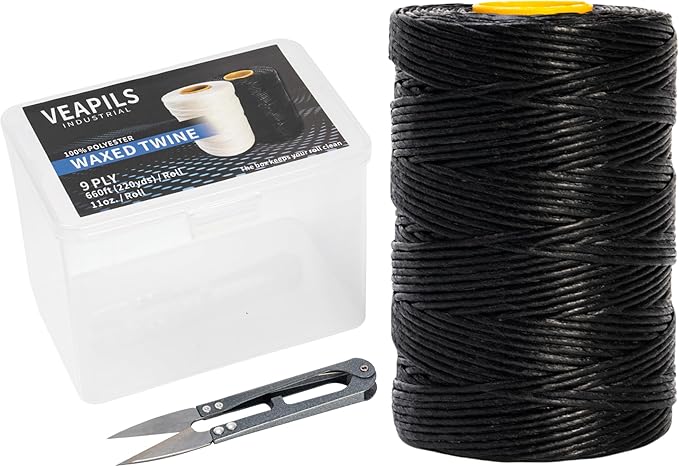 9-Ply Black String Waxed Twine, 660 Feet per Roll Heavy Duty Twine String, Black Cable Tie Down Wax Lacing Cord for Indoor or Outdoor Use,Thick Black Twine Wax String with 160 LBS Tensile Strength (2)