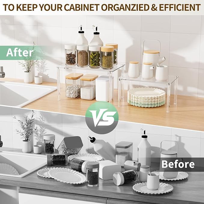 4Pack Acrylic Cabinet Organizer, Clear Cabinet Organizer Shelf, Spice Rack Organizer for Cabinet for Dishes, Spices, Soda Cans and Bottles, Stackable Shelves House Essentials for Gift