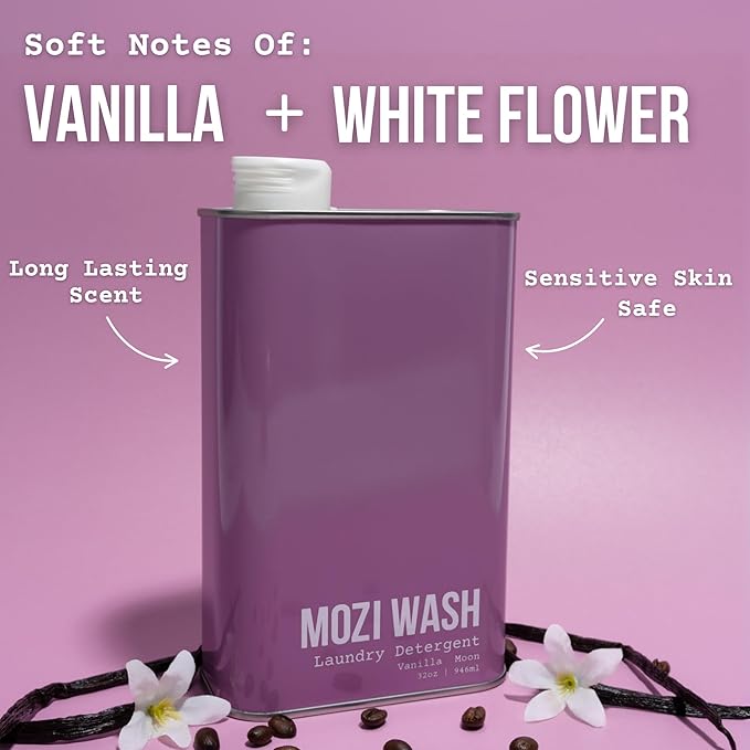 Mozi Wash Laundry Detergent Liquid, Vanilla Moon, 50+ Loads, Concentrated, Plant Based, Cruelty & Dye Free, Phosphate & Paraben Free, Earth Friendly, Long Lasting Fresh Scent, 32 oz Recyclable Bottle