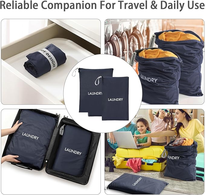 WiseBoy 2 Pack Laundry Bags, Washable Wet Dry Bag, Travel Laundry Bag Dirty Clothes Organizer, Swimming Yoga Bathing Suit Workout Wet Dry Bag - Navy Blue