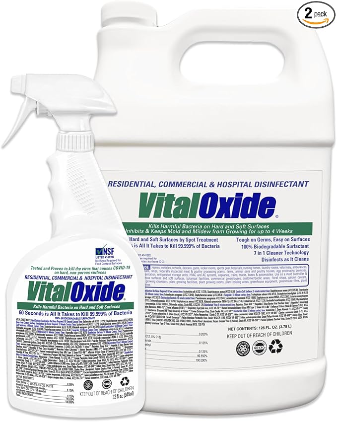 Vital Oxide Disinfectant, Deodorizer, Cleaner, Food-Contact Sanitizer, Virucide – (EPA registration #82972-1) – Kills Mold & Mildew, Eliminates Odors – 1 Gallon + 32oz Spray Bottle