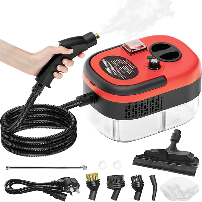 Handheld Steam Cleaner, Steamer for Cleaning, 2500W Pressurized Steam Cleaner with 1.2L Water Tank and 6 Attachments, Portable Steamer Cleaner for Home Car Kitchen Bathroom Furniture Tile Grout, Red