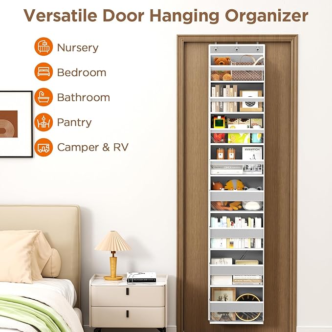 Over The Door Organizer, 8 Shelf Door Hanging Organizers with 8 Large Capacity Pockets, Back of Door Organizer Storage Hanging Shelves for Closet Bathroom Bedroom Nursery