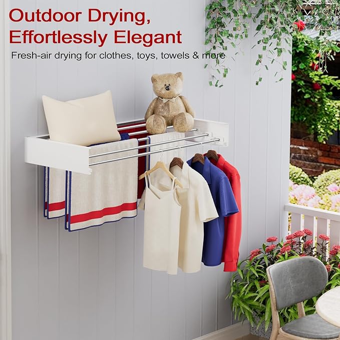 Wall Mounted Drying Rack 31.5", Foldable Laundry Drying Rack with Stainless Steel Rods, Retractable Laundry Space Saver for Indoor & Outdoor Use, Include Wall Template