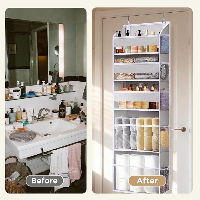 5 Tiers Over Door Organizer with 10 Mesh Side Pockets, 50 lbs Weight Capacity Hanging Storage Organizer with Clear Window Kids Toys, Shoes, Diapers, Light Gray