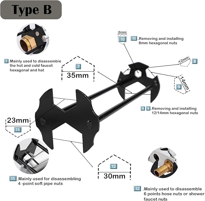 2Pcs Multifunctional Basin Wrench, Universal Under Sink Plumbers Tool, 7 Sizes, Socket Wrench Faucet Tool for Kitchen Home Bathroom