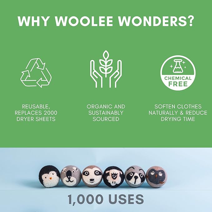 6-Pack XL Organic Wool Dryer Balls - 100% New Zealand Wool, Reuse for 1000 Loads, Fair Trade, Handmade in Nepal, Dryer Balls Laundry Reusable, Critters Dryer Ball Set, Mesh Laundry Bag