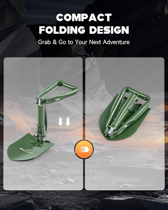 DARTMOOR Camping Shovel, 24" Larger Folding Shovel with Saw Edge, Portable Outdoor Survival Snow Shovel for Off Road Camping Hiking Digging Backpacking, Car Emergency, Entrenching Tool, Green
