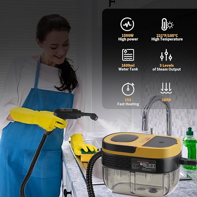 Steam Cleaner, 3-Level Adjustable Handle, 15s Heat-Up, 1.69 Quarts Tank, Portable Steamer for Cleaning with 10 Accessories, Steam Cleaner for Home for Dirt (Yellow)
